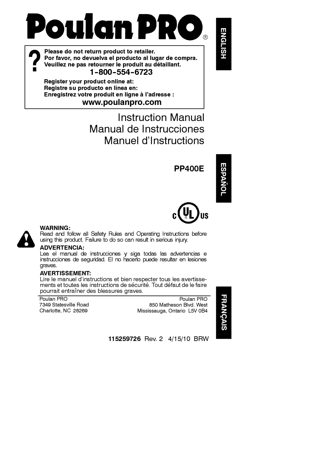 Poulan 952801955 instruction manual English Español, Français 