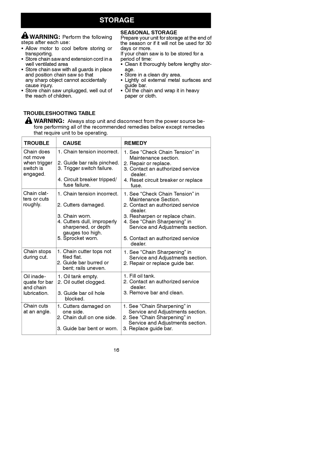 Poulan 952801955 instruction manual Seasonal Storage, Steps after each use, Troubleshooting Table Cause Remedy 