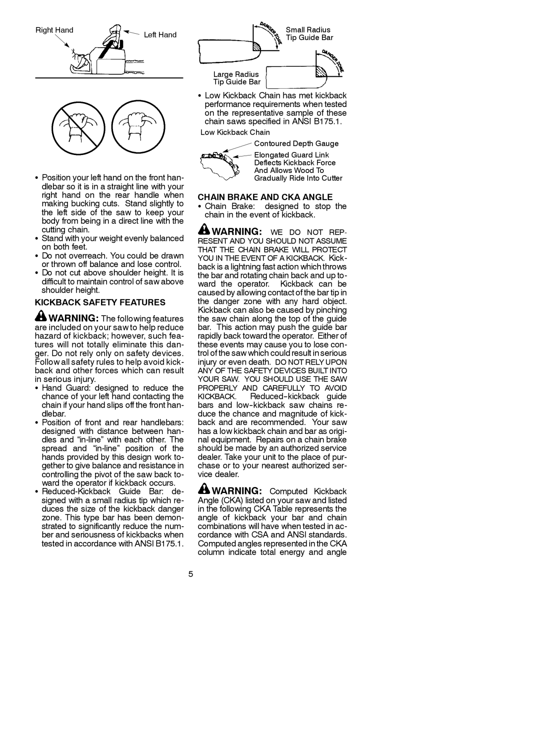 Poulan 952801955 instruction manual Chain Brake and CKA Angle, Kickback Safety Features 