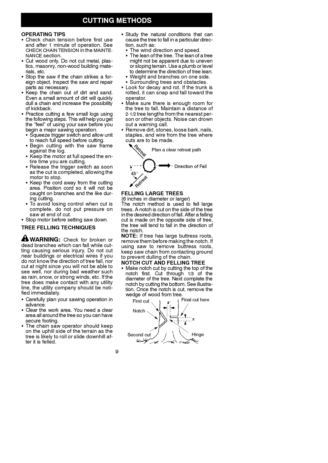 Poulan 952801955 instruction manual Cutting Methods, Operating Tips, Tree Felling Techniques, Notch CUT and Felling Tree 