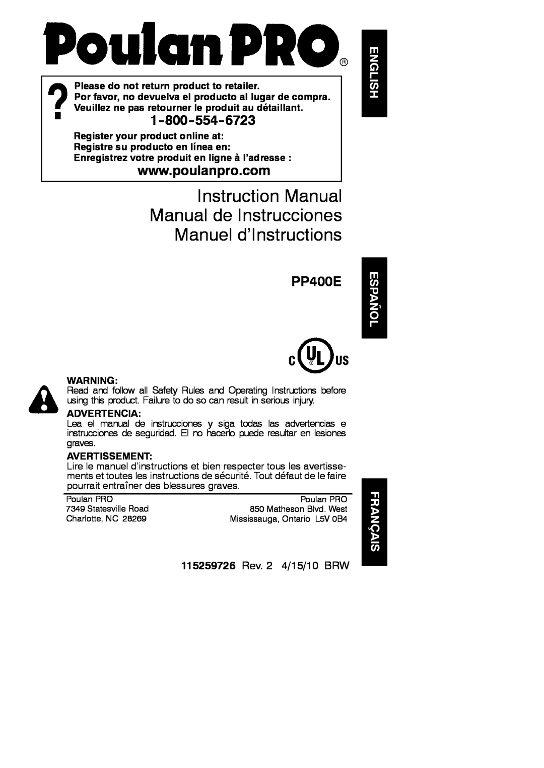 Poulan 952801955 instruction manual English Español, Français, PP400E, 115259726 Rev. 2 4/15/10 BRW, Advertencia 