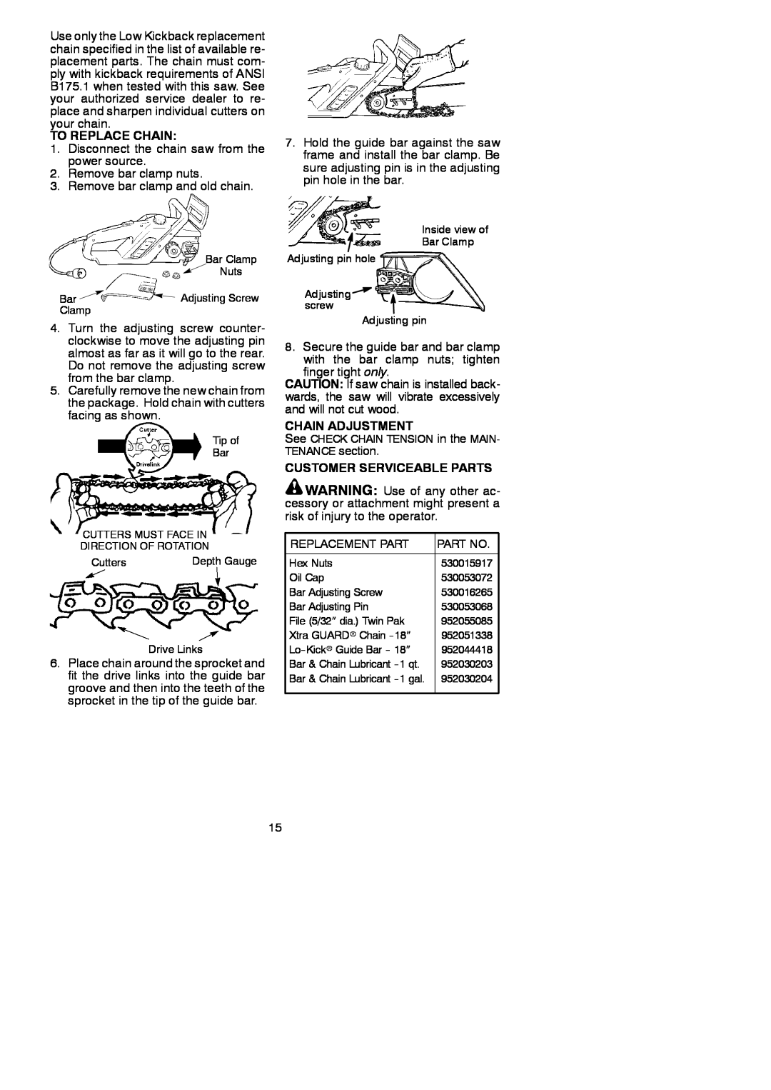 Poulan 952801955 instruction manual To Replace Chain, Chain Adjustment, Customer Serviceable Parts 