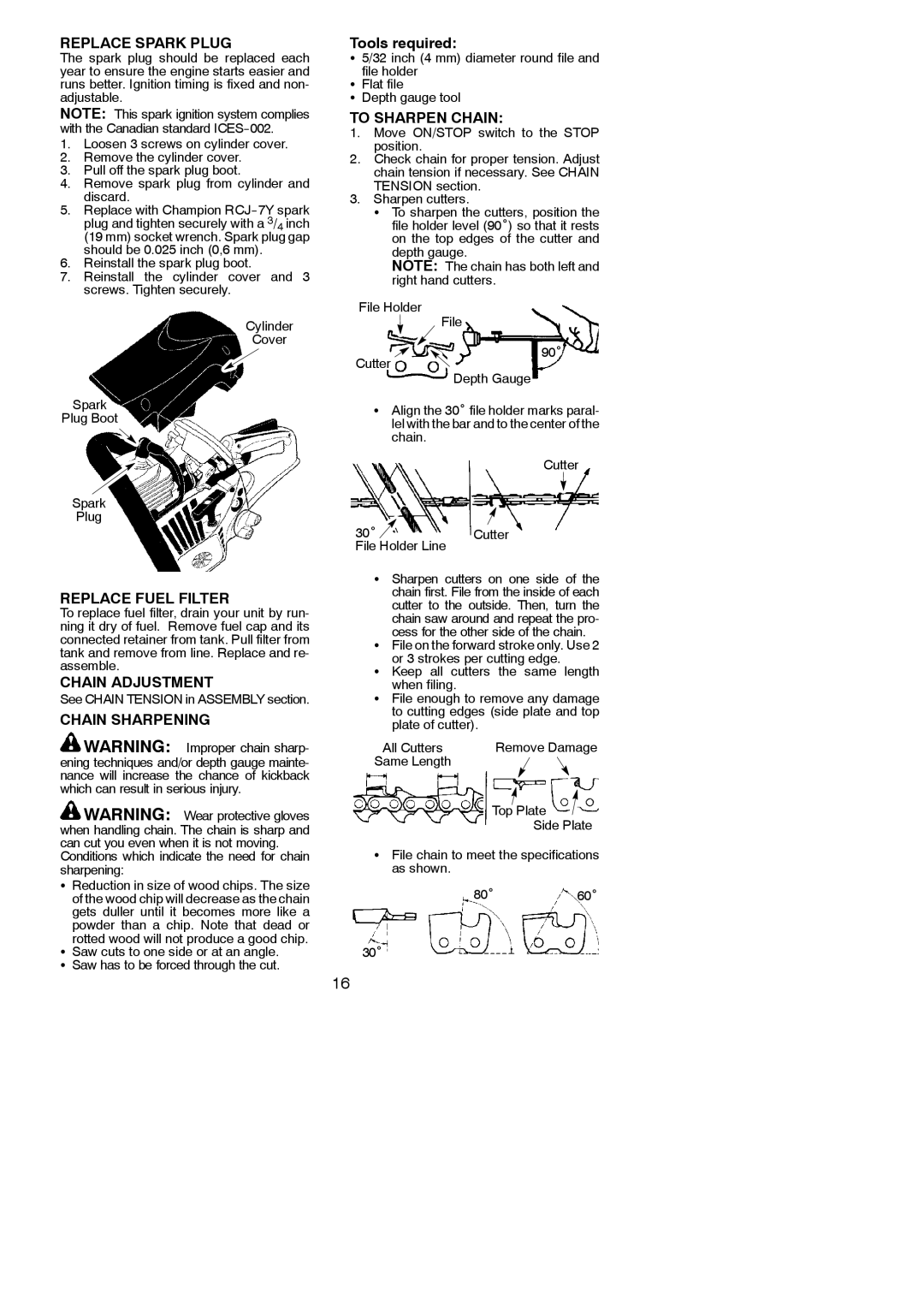 Poulan 952802030, 952802031 Replace Spark Plug, To Sharpen Chain, Replace Fuel Filter, Chain Adjustment, Chain Sharpening 