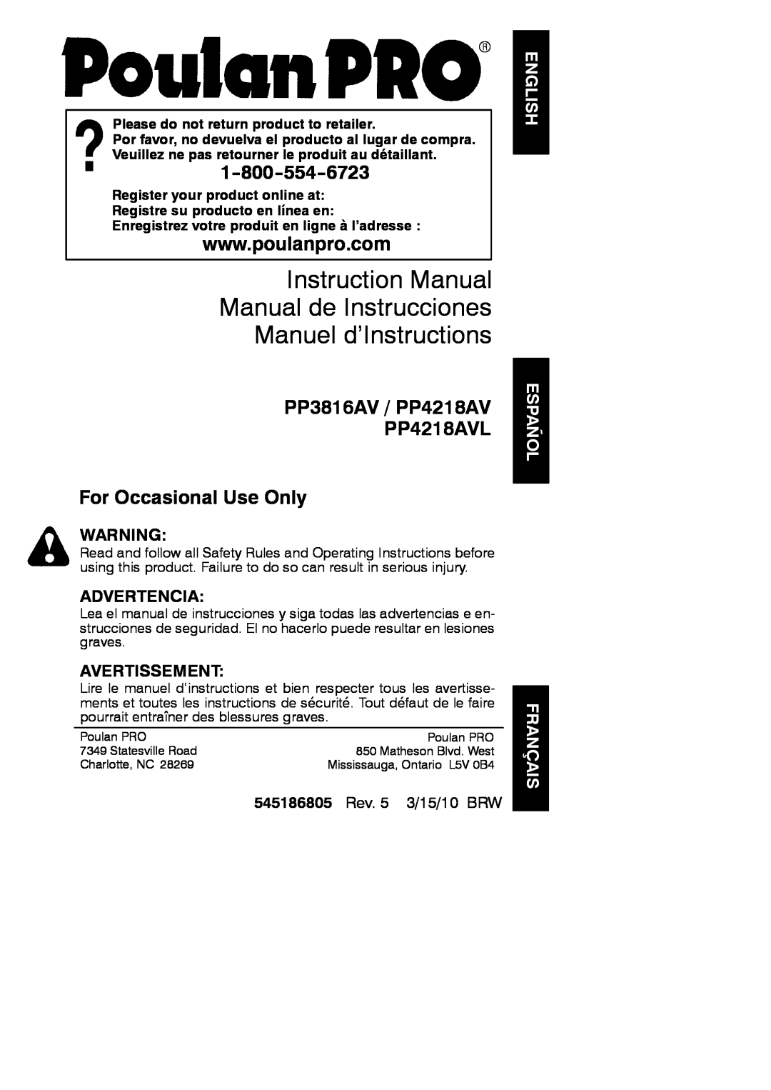 Poulan 952802030 instruction manual English Español, Français, PP3816AV / PP4218AV PP4218AVL, For Occasional Use Only 
