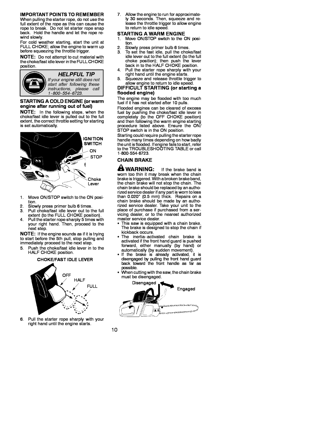 Poulan 952802030 Helpful Tip, Important Points To Remember, Starting A Warm Engine, Chain Brake, Ignition Switch 
