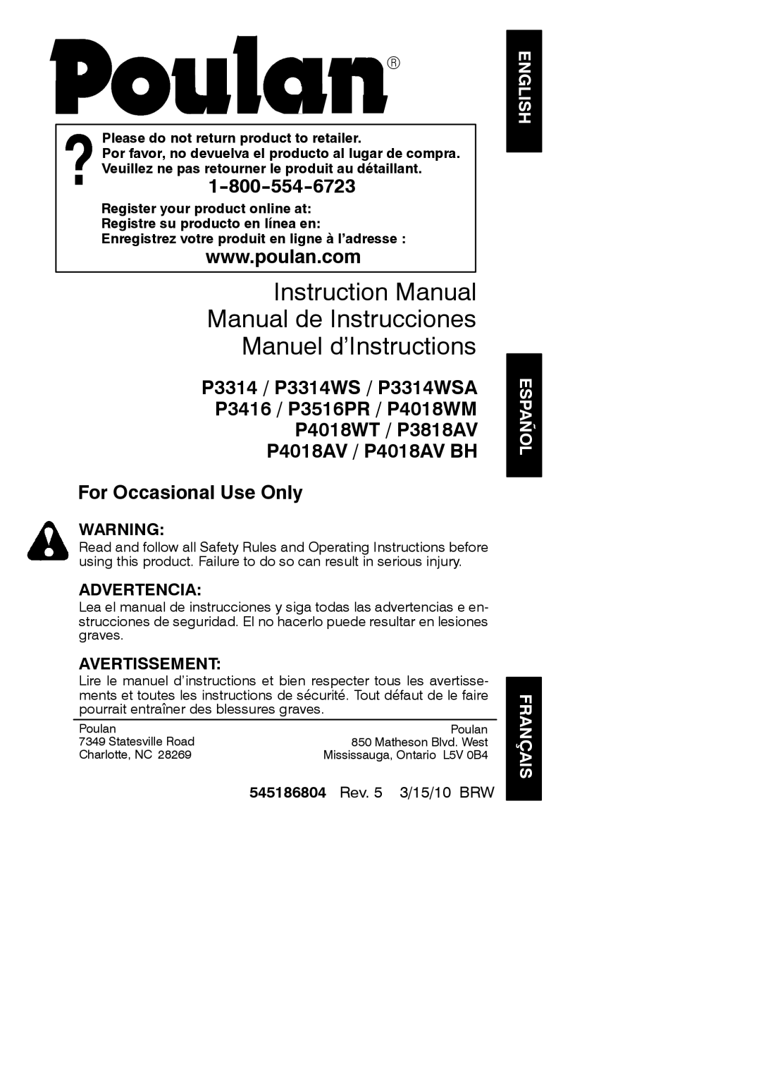 Poulan 952802066, 952802048, 952802047, 952802046, 952802028 instruction manual Manual de Instrucciones Manuel d’Instructions 