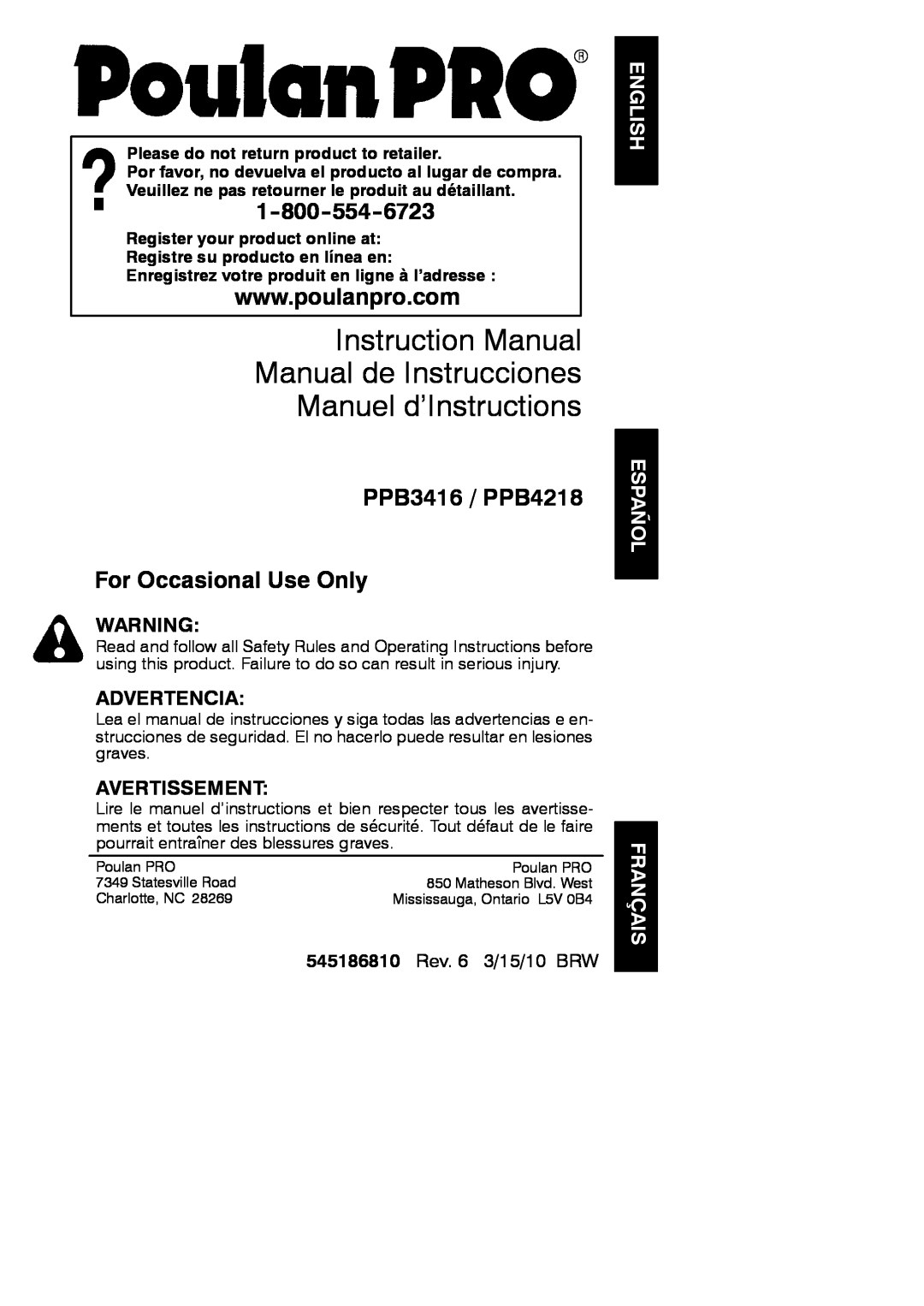 Poulan 952802062 instruction manual English Español Français, PPB3416 / PPB4218 For Occasional Use Only, Advertencia 