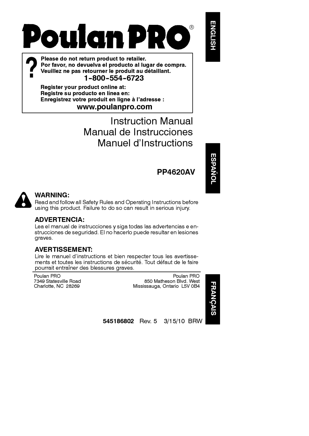 Poulan 952802075 instruction manual Manual de Instrucciones Manuel d’Instructions 