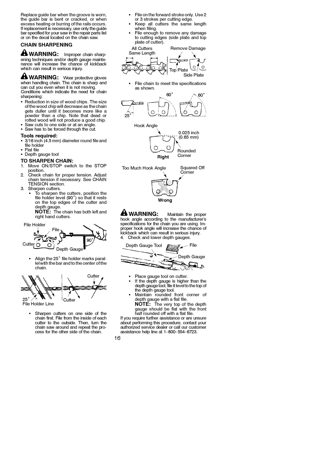 Poulan 952802075 instruction manual Chain Sharpening, Tools required, To Sharpen Chain, Right, Wrong 