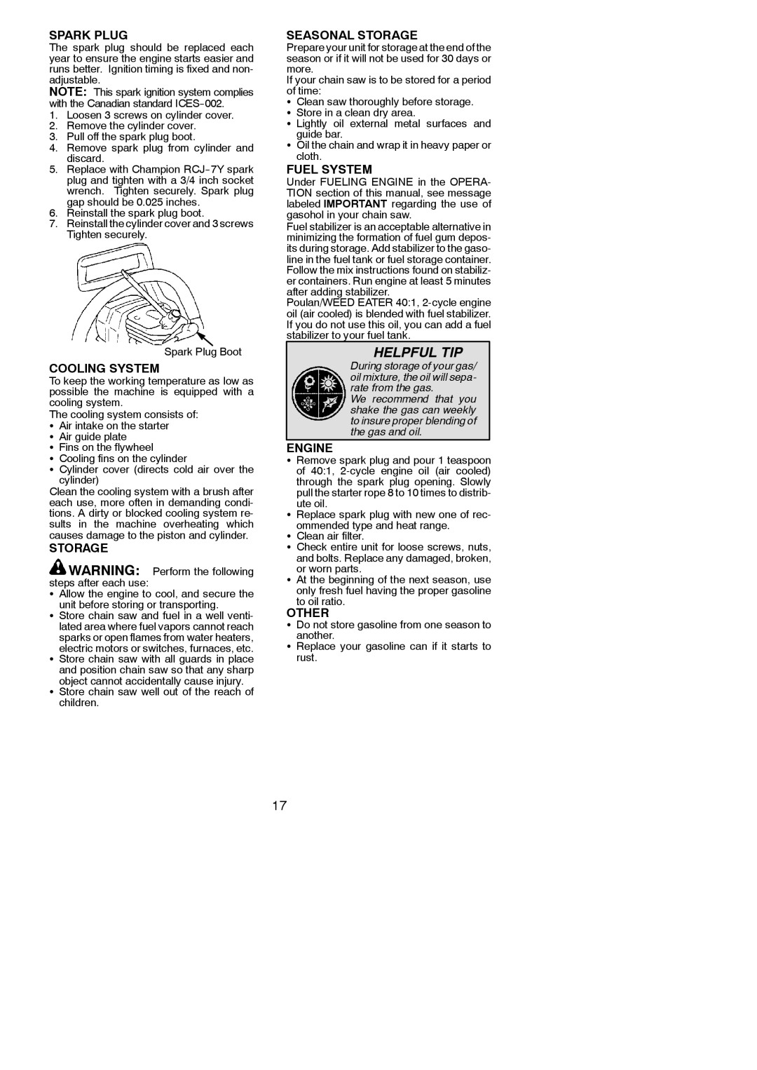 Poulan 952802075 instruction manual Storage 