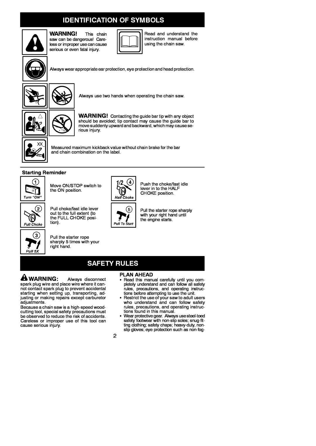 Poulan 952802075 instruction manual Identification Of Symbols, Safety Rules, Starting Reminder, Plan Ahead 