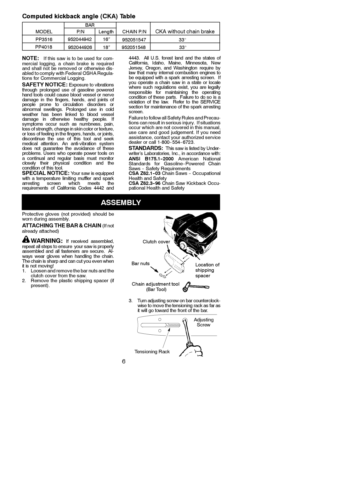 Poulan 952802095, 952802096, 545001498 Assembly, Attaching the BAR & Chain If not, Adjusting Screw Tensioning Rack 