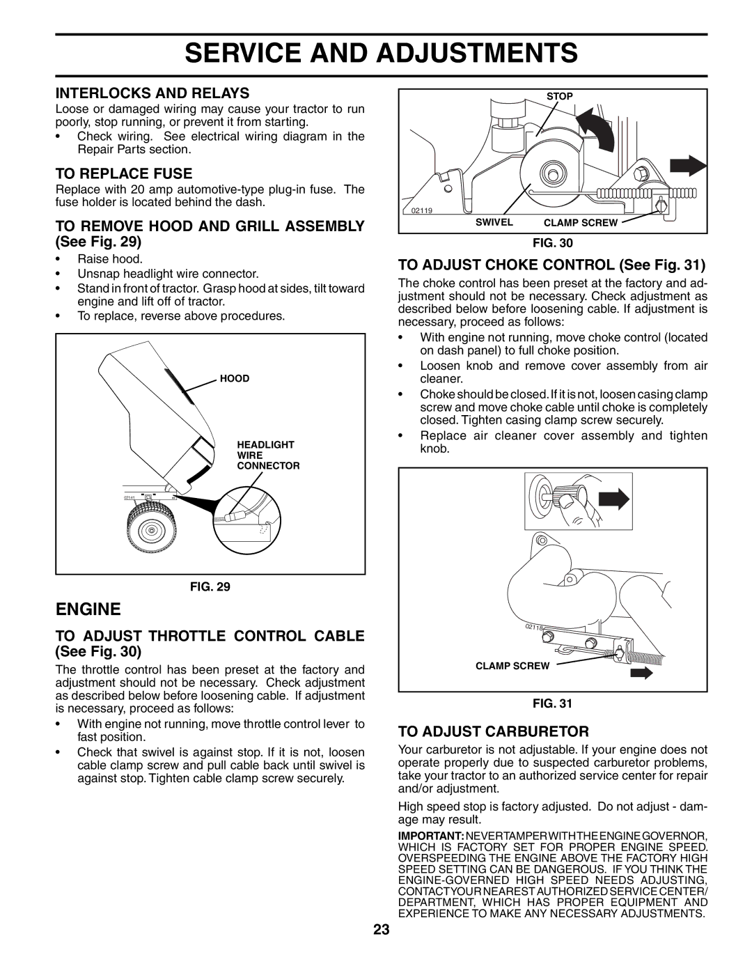 Poulan 186914, 954567833 owner manual Interlocks and Relays, To Replace Fuse, To Adjust Carburetor 