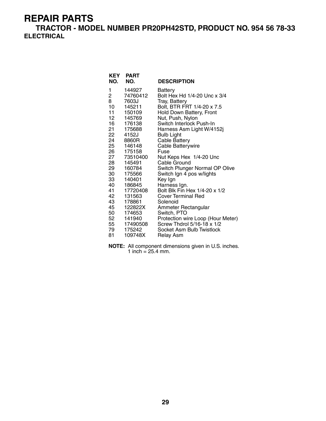 Poulan 186914, 954567833 owner manual KEY Part Description 