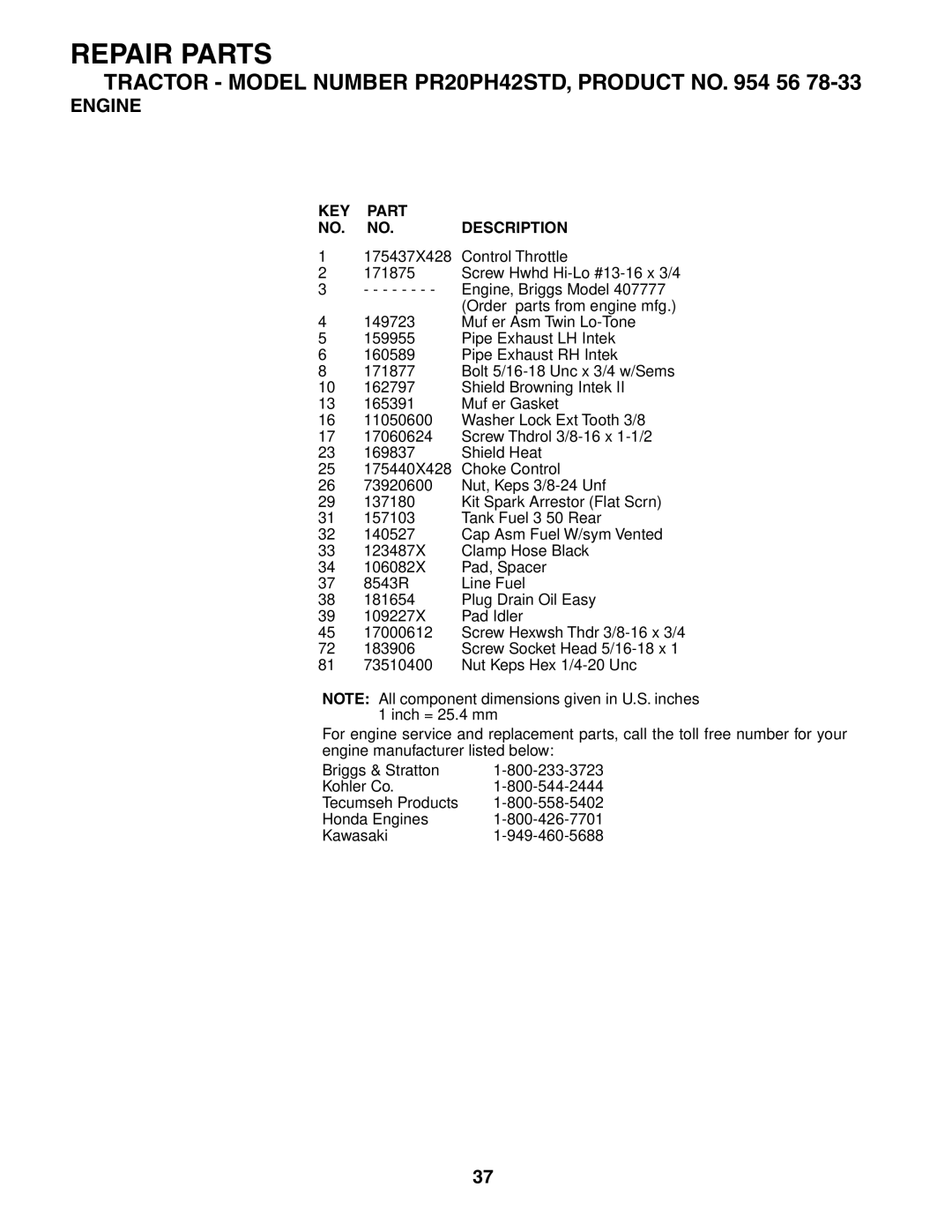 Poulan 186914, 954567833 owner manual KEY Part NO. NO. Description 