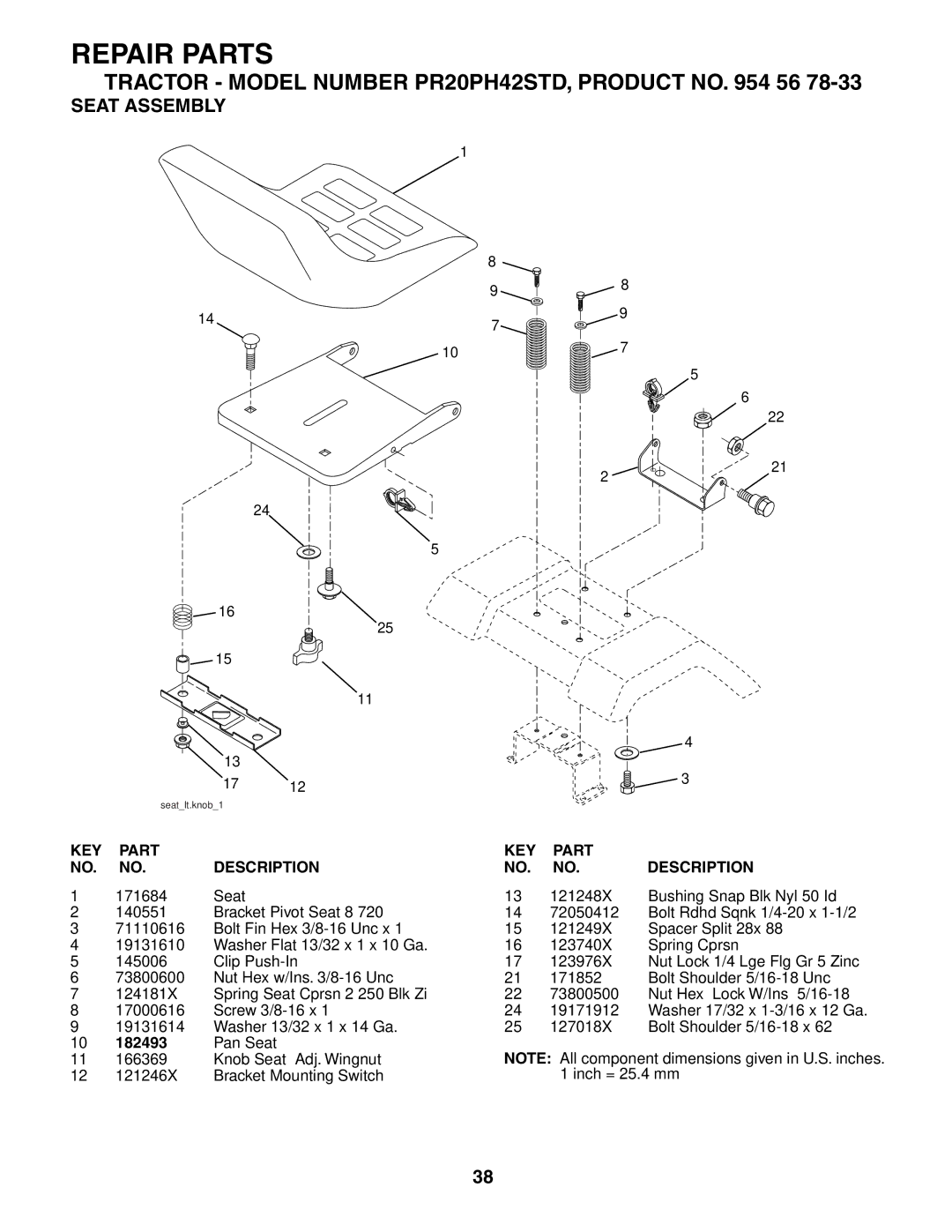 Poulan 954567833, 186914 owner manual Seat Assembly, KEY Part Description 