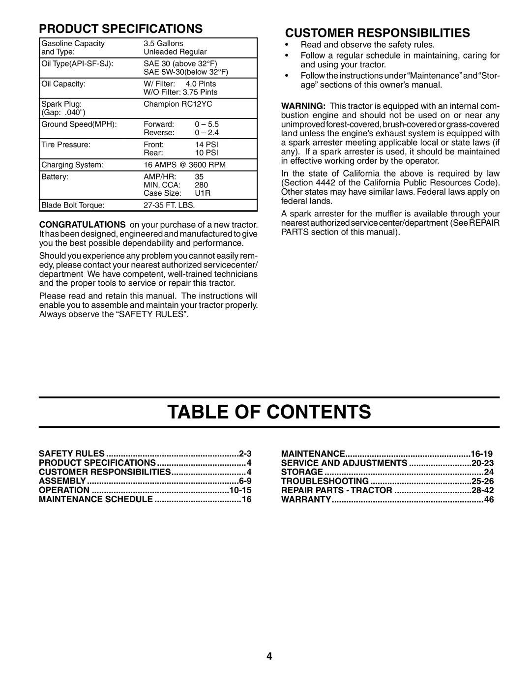 Poulan 954567833, 186914 owner manual Table of Contents 