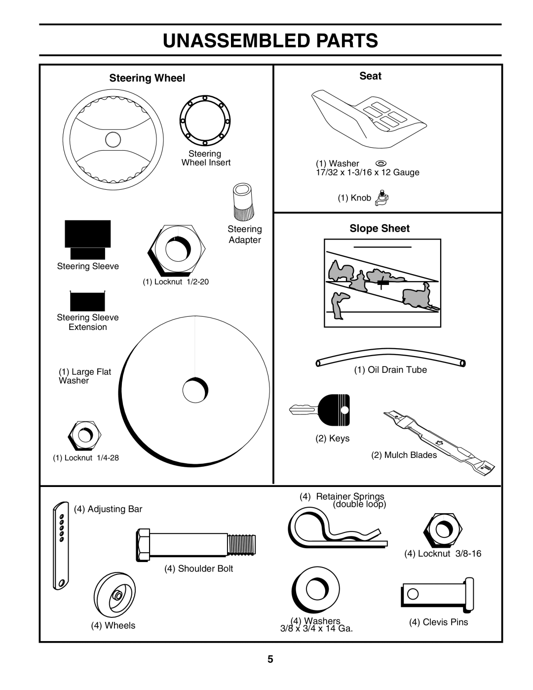 Poulan 186914, 954567833 owner manual Unassembled Parts, Steering Wheel Seat, Slope Sheet 