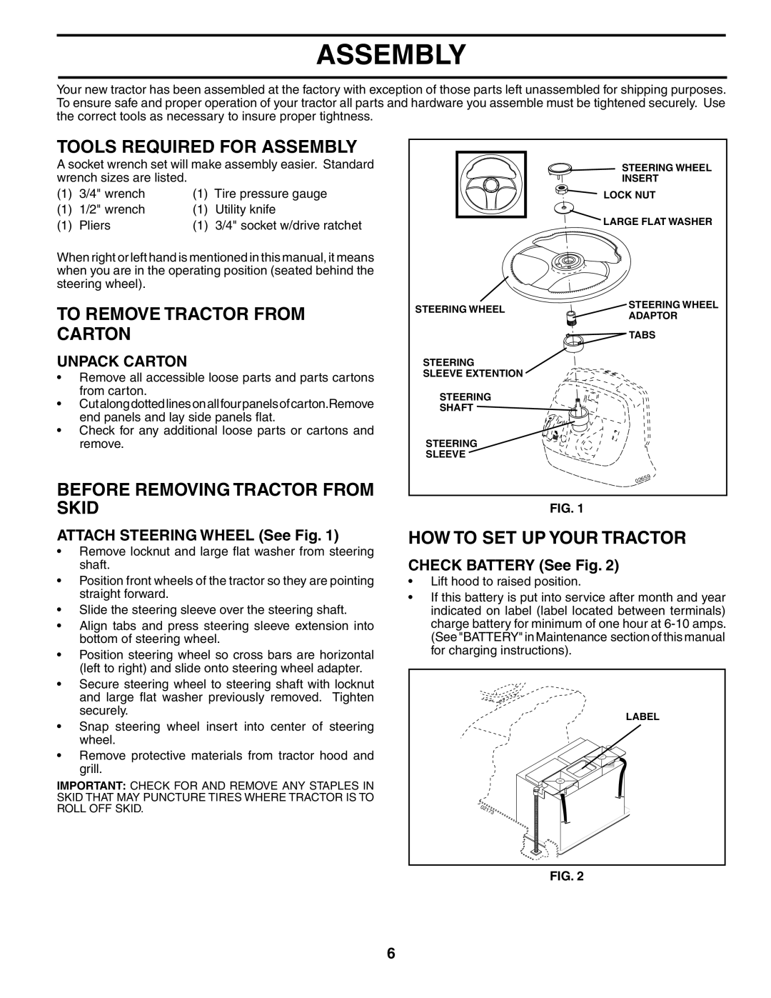 Poulan 954567833, 186914 Tools Required for Assembly, To Remove Tractor from Carton, Before Removing Tractor from Skid 