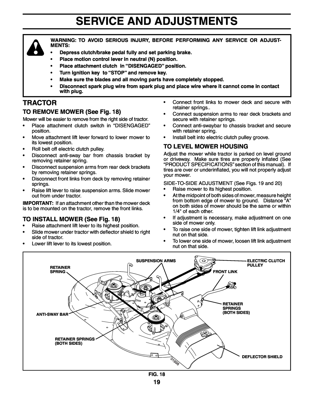 Poulan 186914 Service And Adjustments, TO REMOVE MOWER See Fig, TO INSTALL MOWER See Fig, To Level Mower Housing, Tractor 