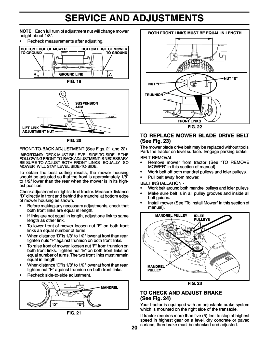 Poulan 954567833 TO REPLACE MOWER BLADE DRIVE BELT See Fig, TO CHECK AND ADJUST BRAKE See Fig, Service And Adjustments 