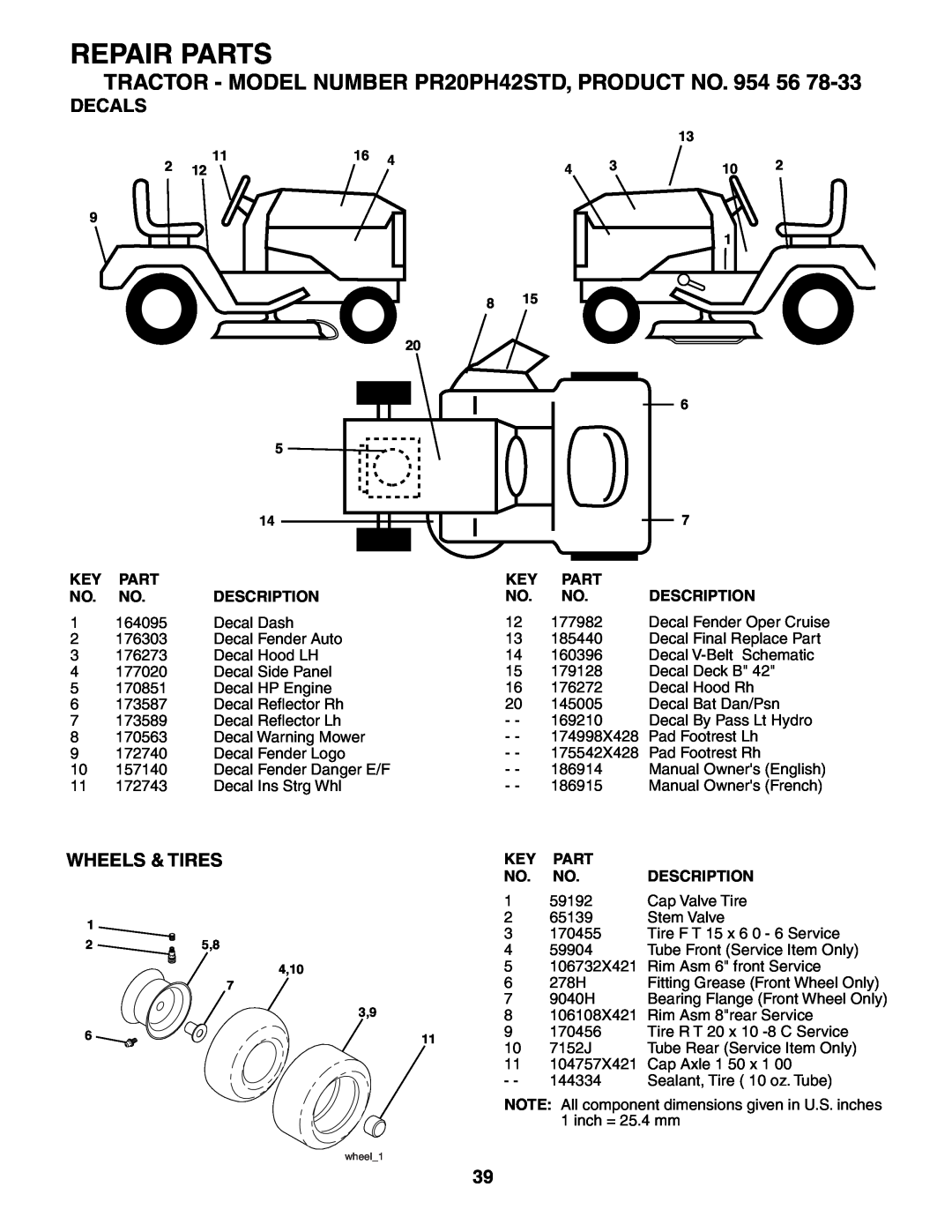 Poulan 186914 Decals, Wheels & Tires, Repair Parts, TRACTOR - MODEL NUMBER PR20PH42STD, PRODUCT NO. 954 56, 4,10 