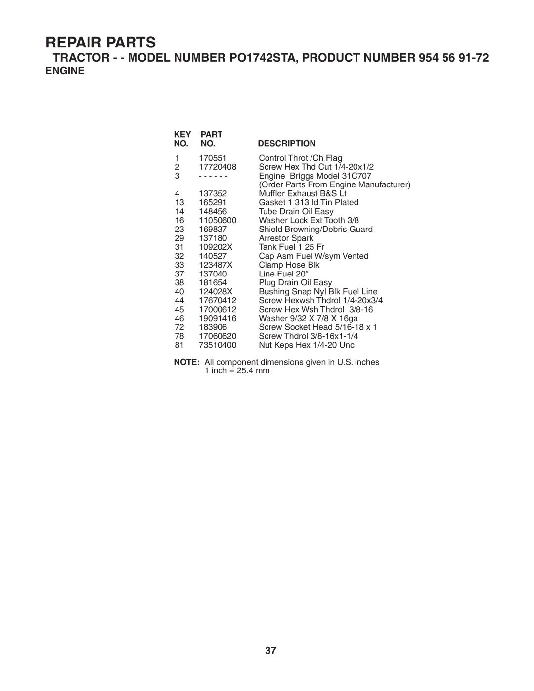 Poulan 184210, 954569172 manual Engine, Control Throt /Ch Flag 