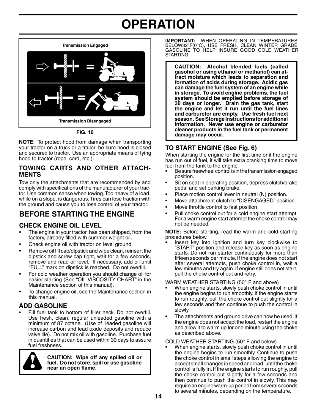 Poulan 954569455 Before Starting the Engine, Towing Carts and Other ATTACH- Ments, Check Engine OIL Level, ADD Gasoline 