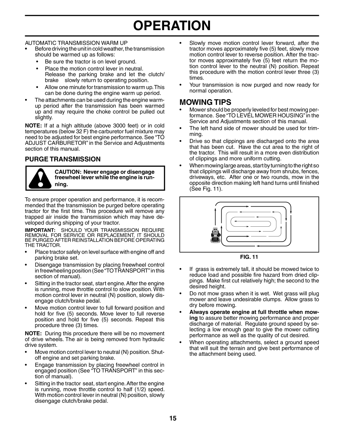 Poulan 184425, 954569455 manual Mowing Tips, Purge Transmission, Automatic Transmission Warm UP 