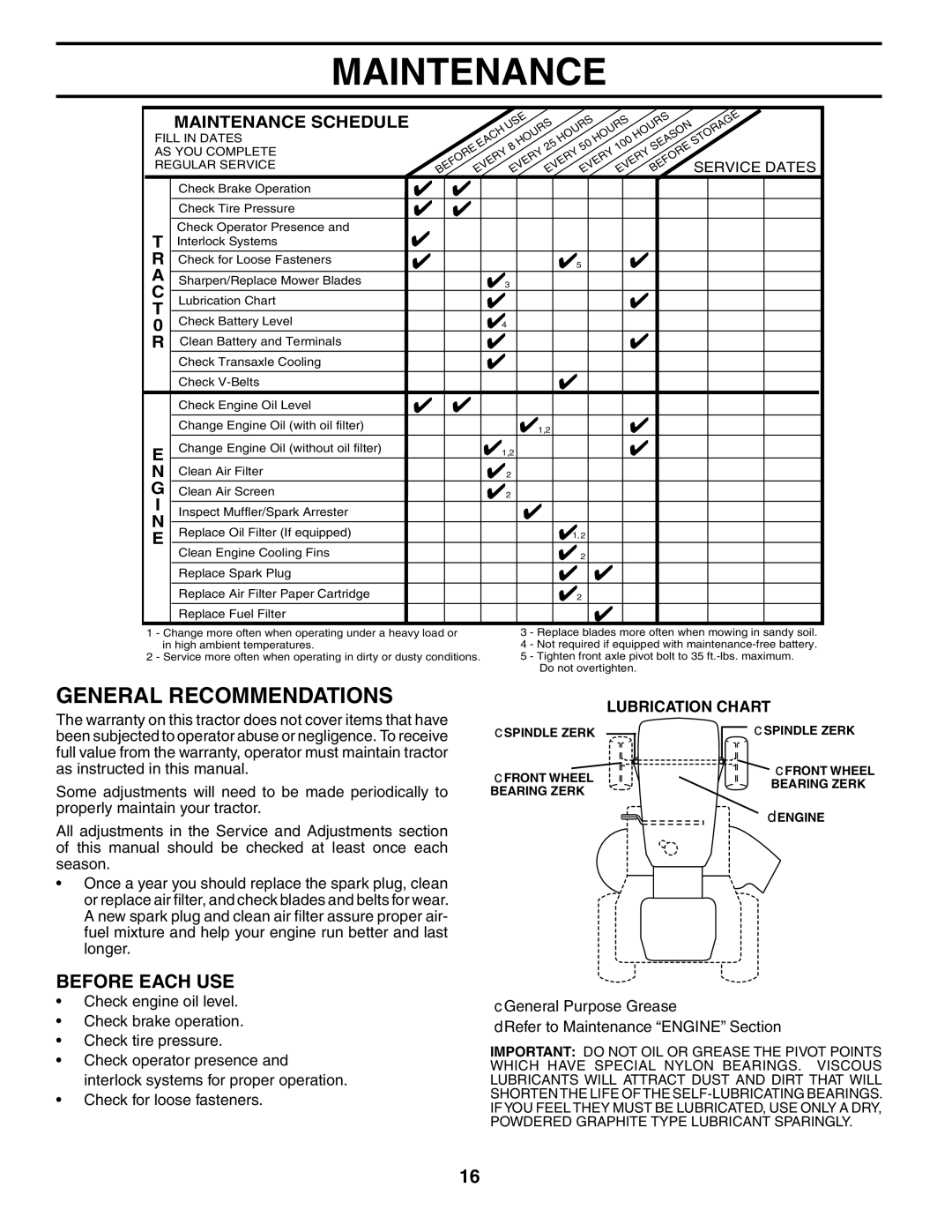 Poulan 954569455, 184425 manual Maintenance, General Recommendations, Before Each USE 