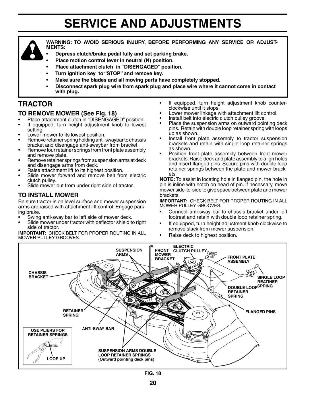 Poulan 954569455, 184425 manual Service and Adjustments, To Remove Mower See Fig, To Install Mower 