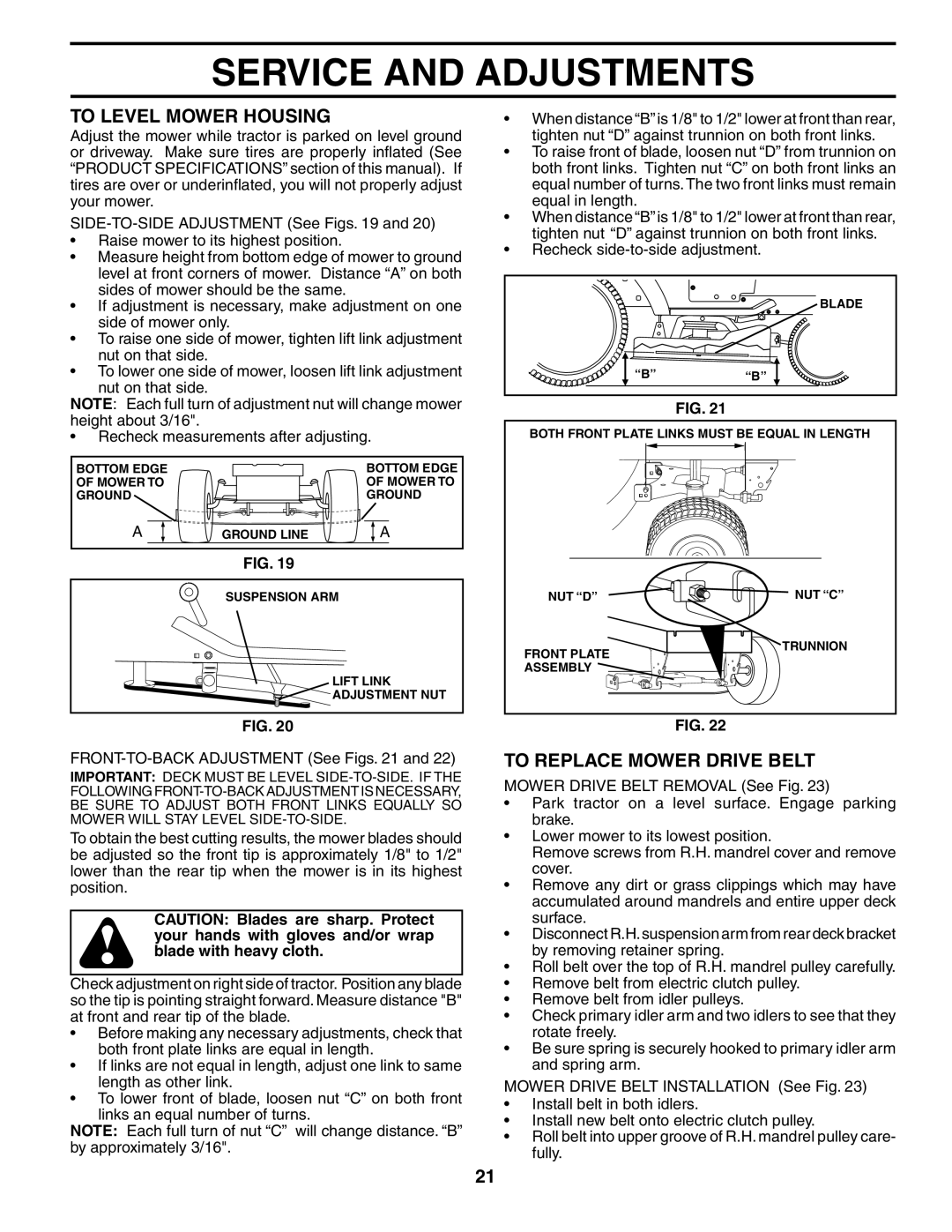 Poulan 184425, 954569455 manual To Level Mower Housing, To Replace Mower Drive Belt 