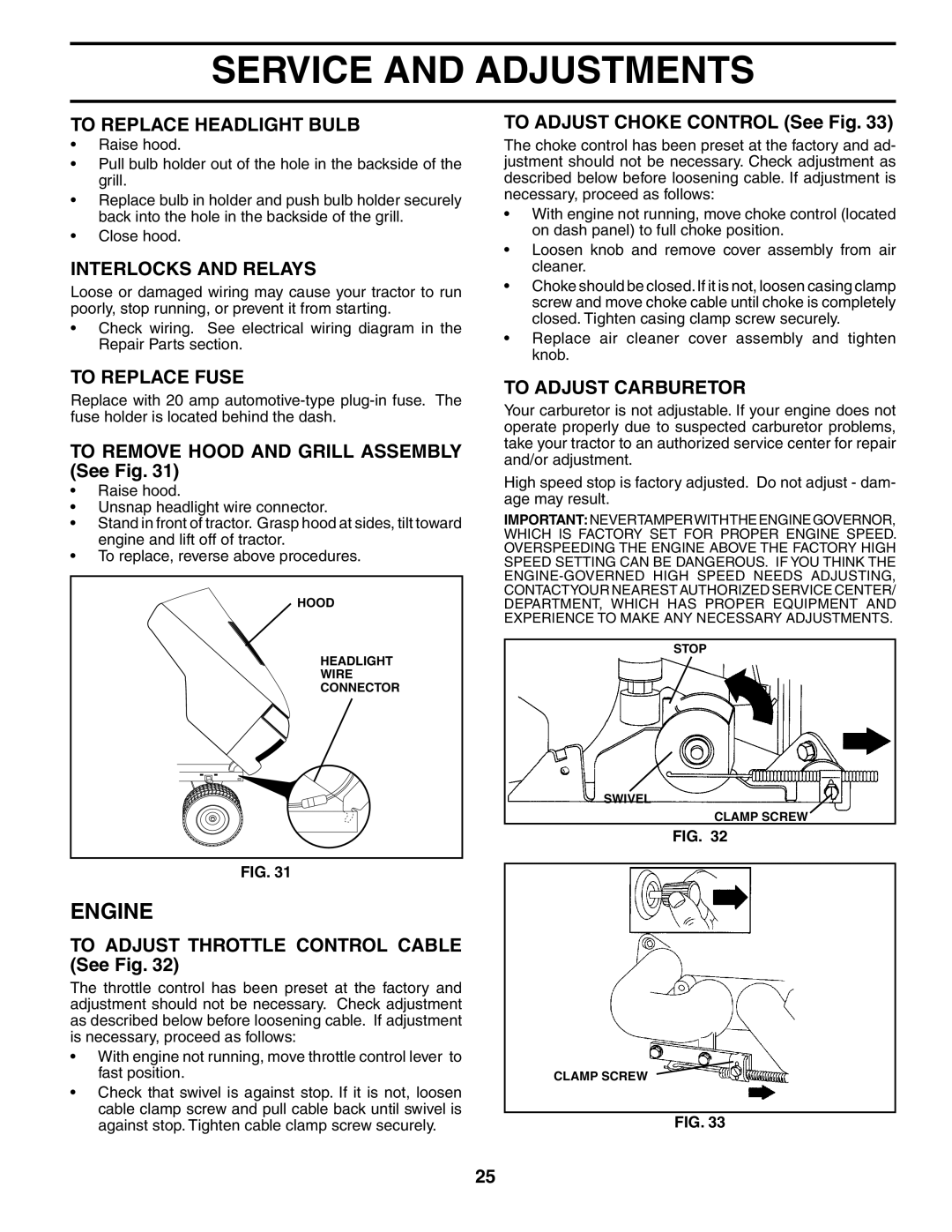 Poulan 184425, 954569455 manual To Replace Headlight Bulb, Interlocks and Relays, To Replace Fuse, To Adjust Carburetor 