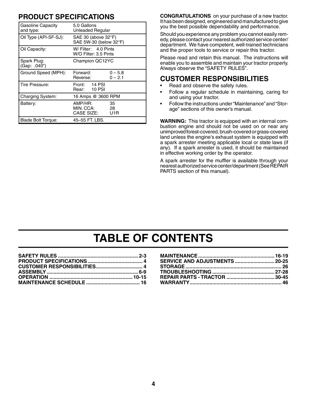 Poulan 954569455, 184425 manual Table of Contents 