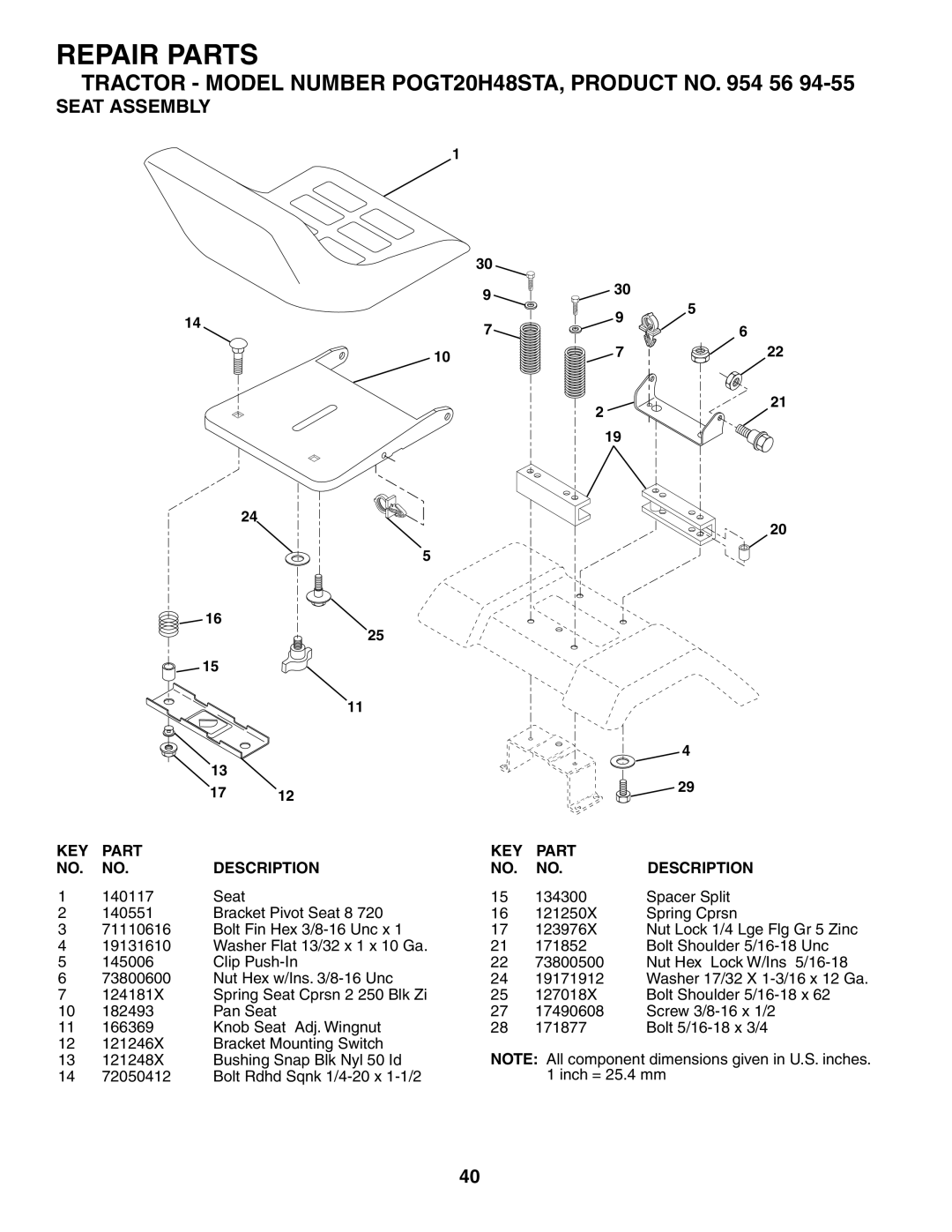 Poulan 954569455, 184425 manual Seat Assembly, Seat 140551 Bracket Pivot Seat 8 