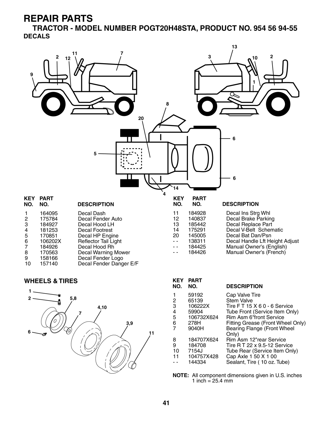 Poulan 184425, 954569455 manual Decals, Wheels & Tires 