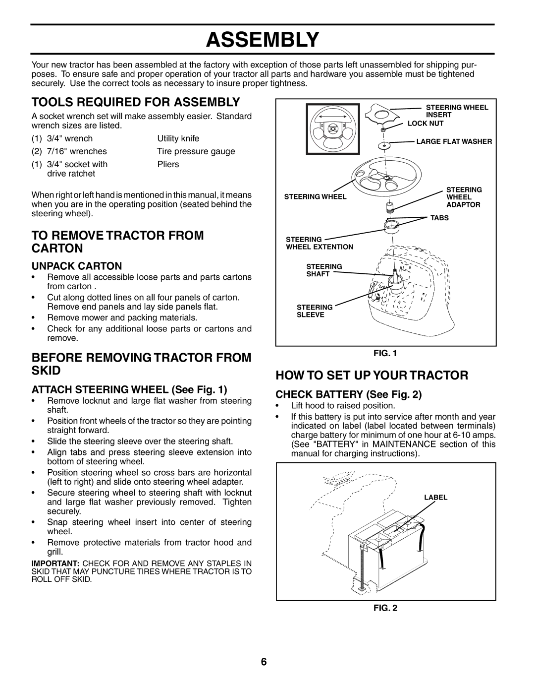 Poulan 954569455, 184425 Tools Required for Assembly, To Remove Tractor from Carton, Before Removing Tractor from Skid 