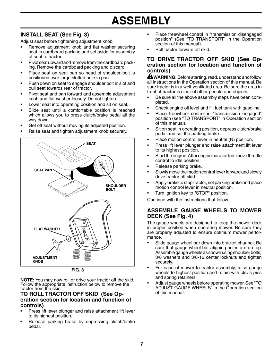 Poulan 184425, 954569455 manual Install Seat See Fig, Assemble Gauge Wheels to Mower Deck See Fig 