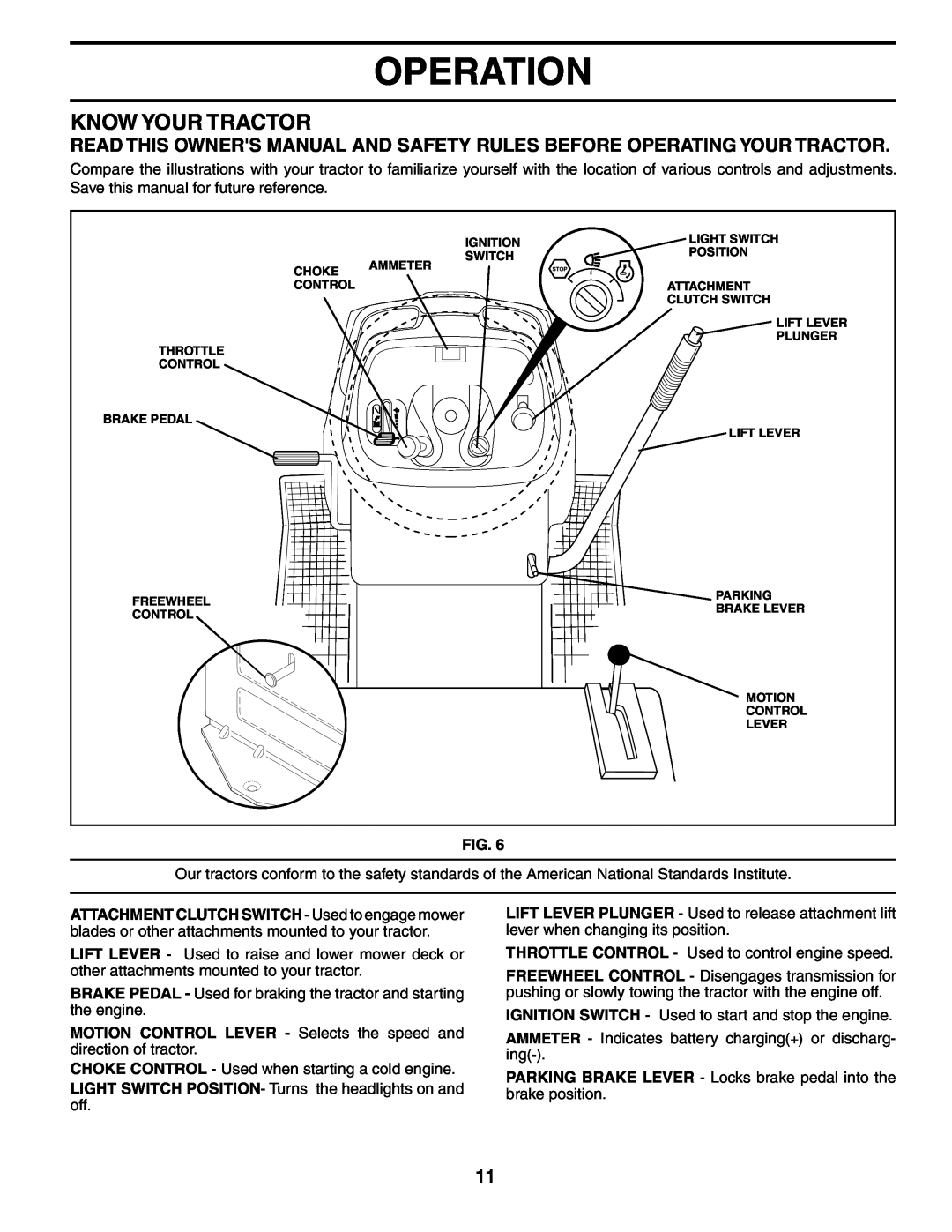 Poulan 184425, 954569455 Know Your Tractor, Operation, MOTION CONTROL LEVER - Selects the speed and direction of tractor 