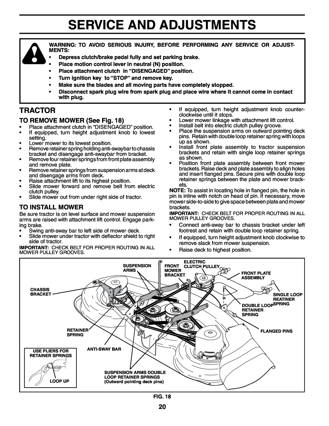 Poulan 954569455, 184425 manual Service And Adjustments, TO REMOVE MOWER See Fig, To Install Mower, Tractor 