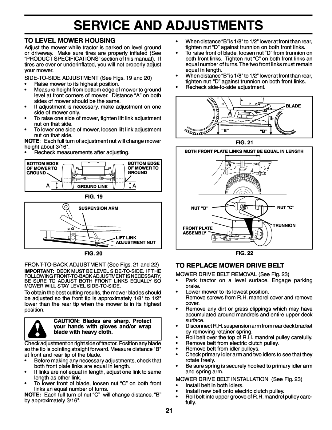 Poulan 184425, 954569455 manual To Level Mower Housing, To Replace Mower Drive Belt, Service And Adjustments 