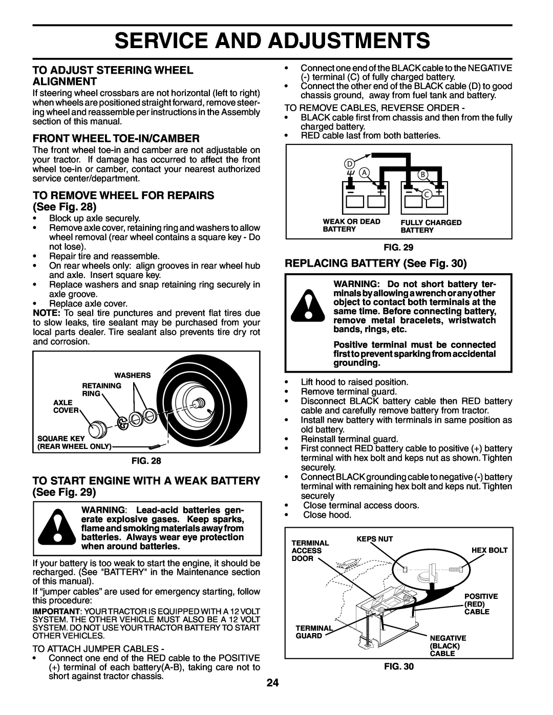 Poulan 954569455 manual To Adjust Steering Wheel Alignment, Front Wheel Toe-In/Camber, TO REMOVE WHEEL FOR REPAIRS See Fig 