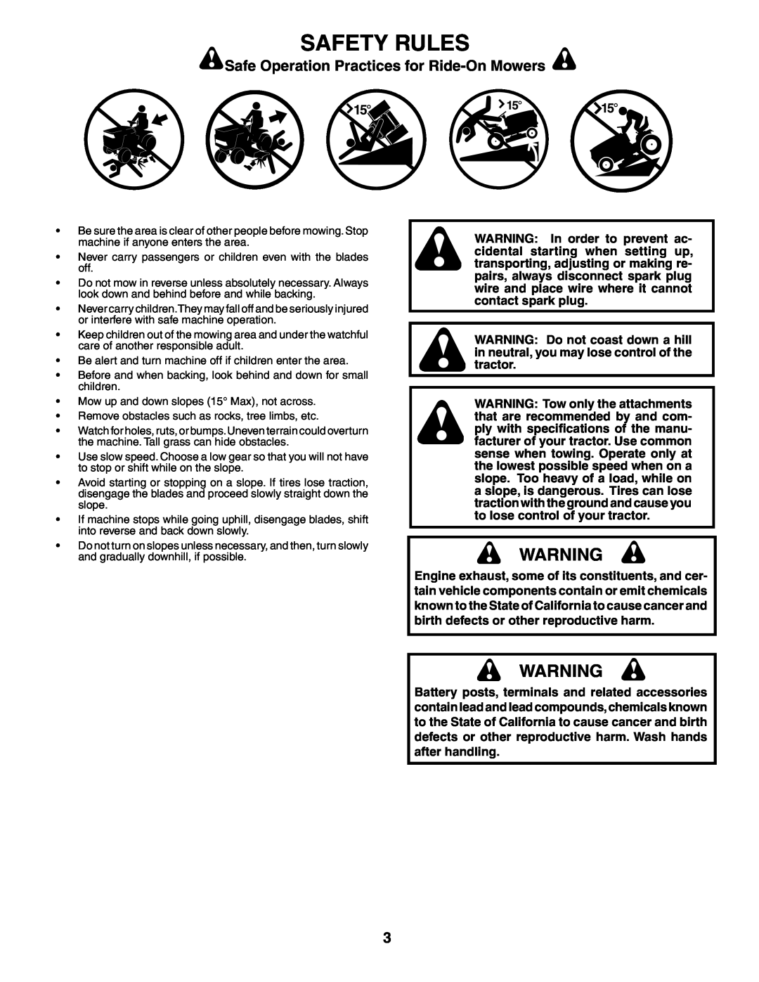 Poulan 184425, 954569455 manual Safety Rules, Safe Operation Practices for Ride-On Mowers 