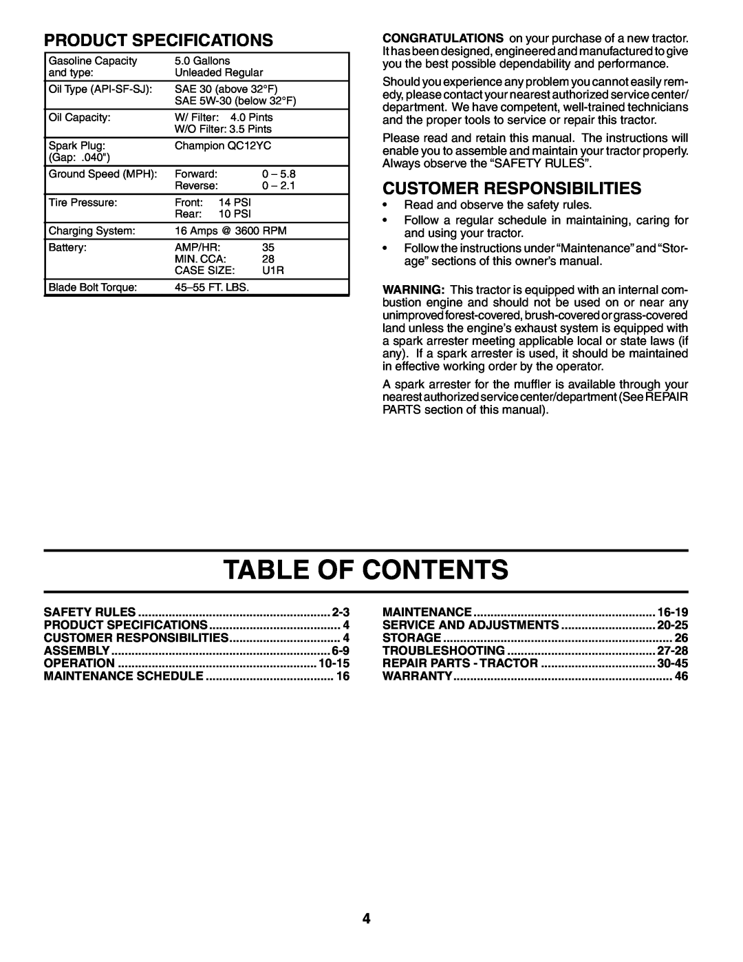Poulan 954569455, 184425 manual Table Of Contents, Product Specifications, Customer Responsibilities 