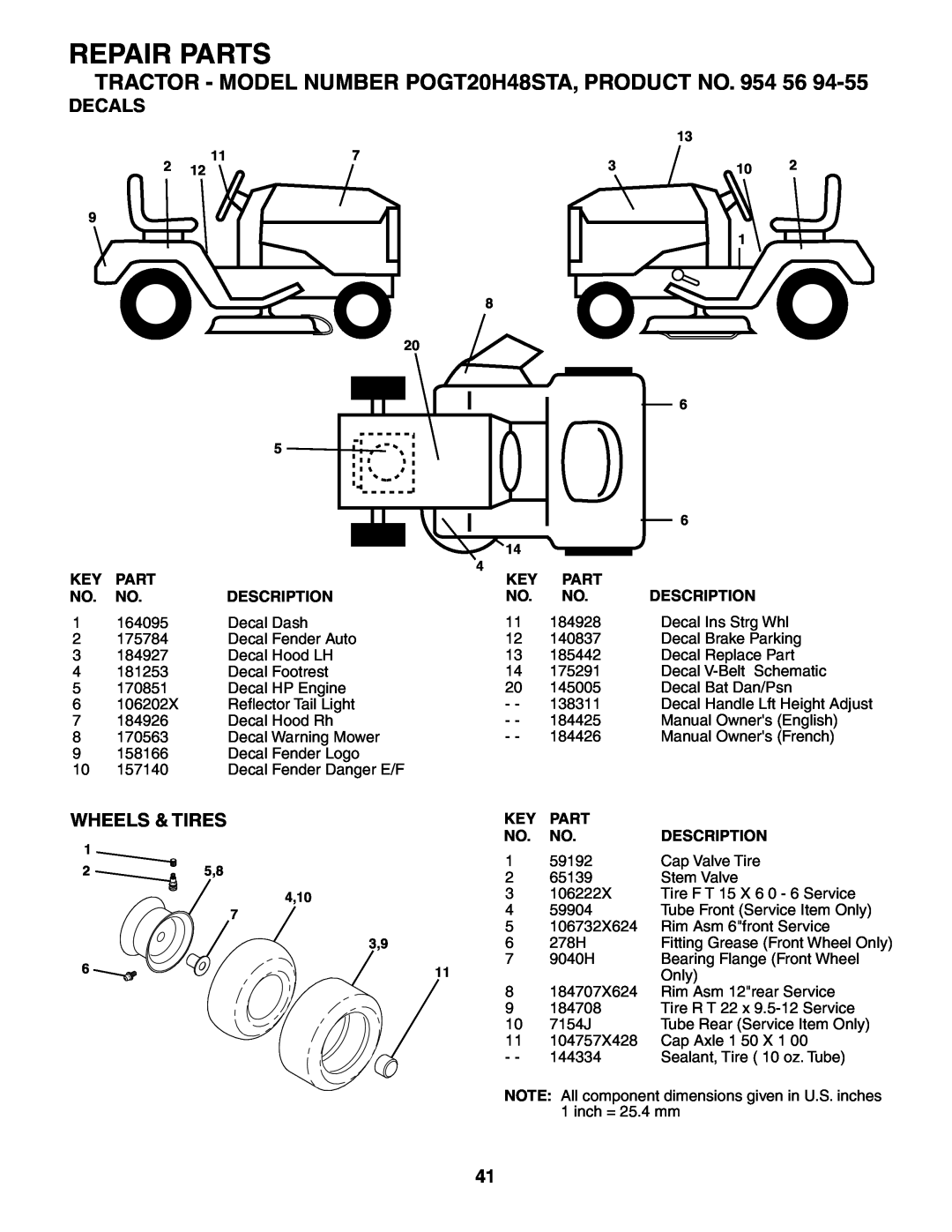 Poulan 184425, 954569455 manual Decals, Wheels & Tires, Repair Parts, TRACTOR - MODEL NUMBER POGT20H48STA, PRODUCT NO. 954 