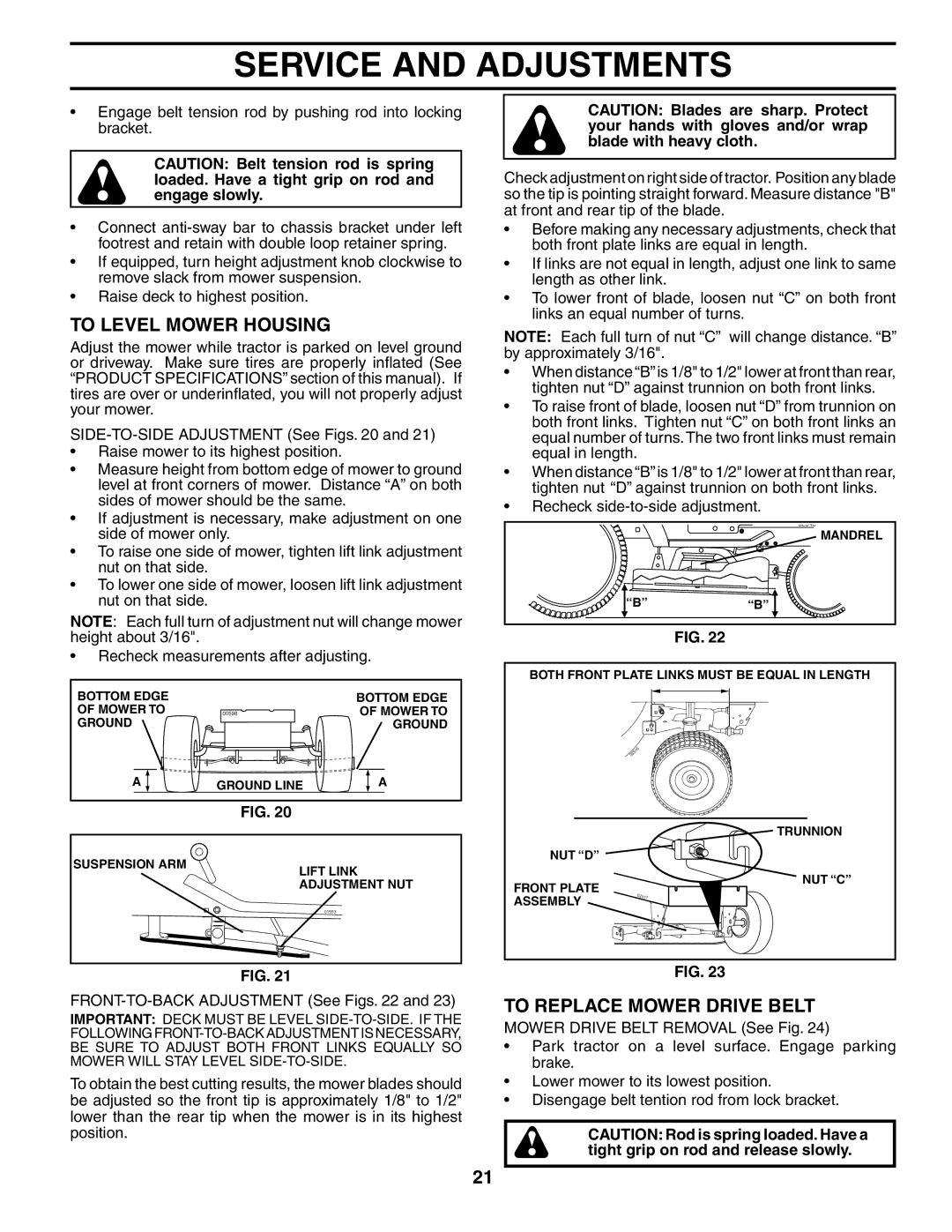 Poulan 185498, 954569516 owner manual To Level Mower Housing, To Replace Mower Drive Belt 