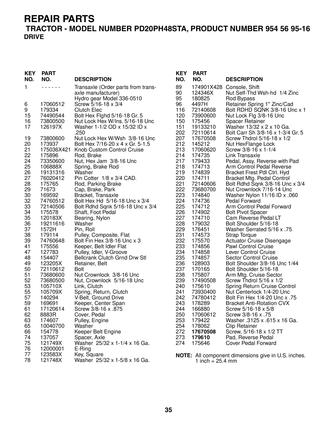 Poulan 185498, 954569516 owner manual Drive, KEY Part NO. NO. Description 