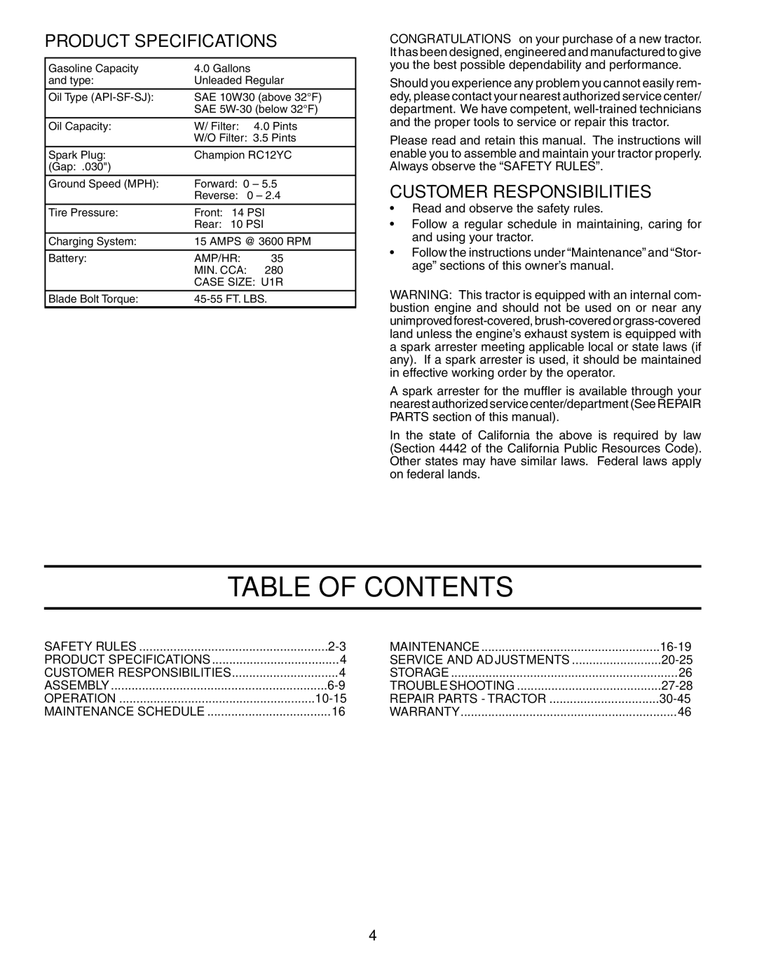 Poulan 954569516, 185498 owner manual Table of Contents 