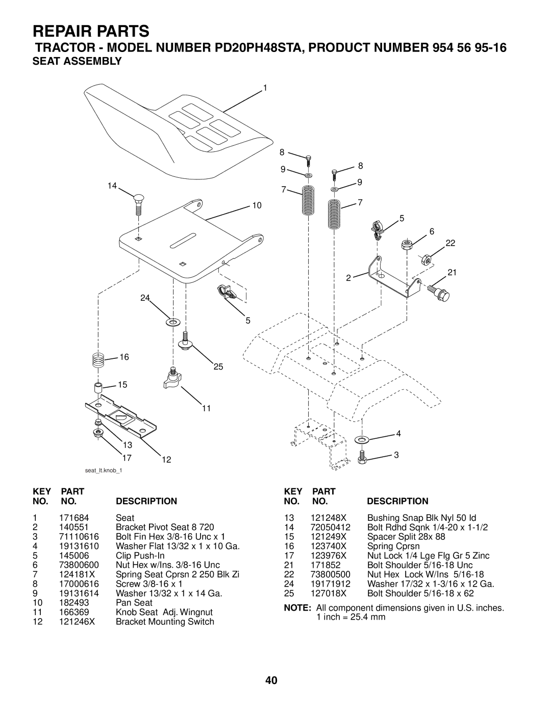 Poulan 954569516, 185498 owner manual Seat Assembly 