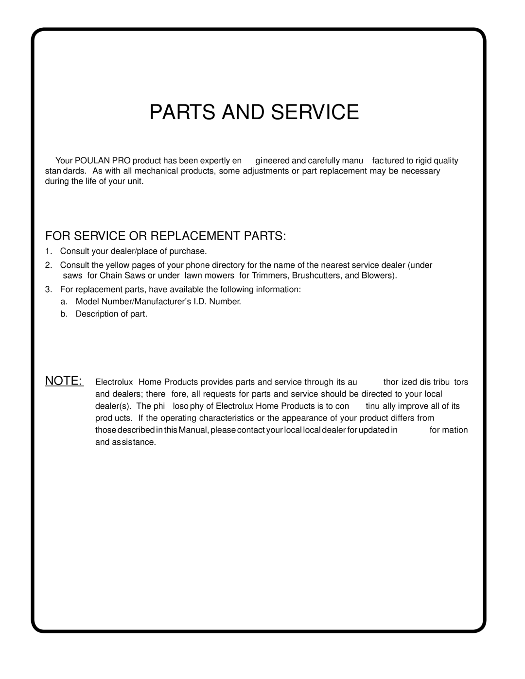 Poulan 954569516, 185498 owner manual Parts and Service 